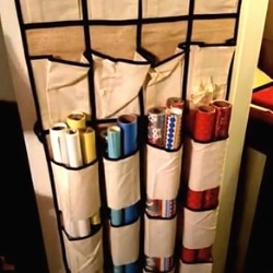 organize wrapping paper in hanging shoe organizer